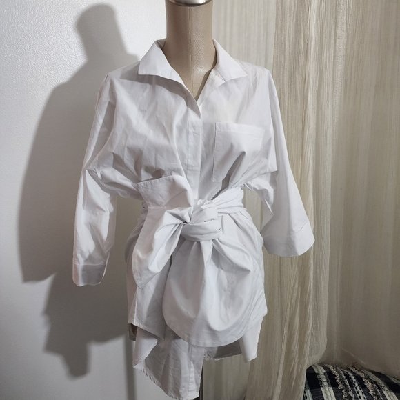Style Mafia Tops - Style Mafia White Oversize Top With Huge Wrap Around Belt / Oversize Shirt